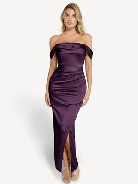 Popilush Purple Satin Off Shoulder Gown Shapewear Bodycon Maxi S